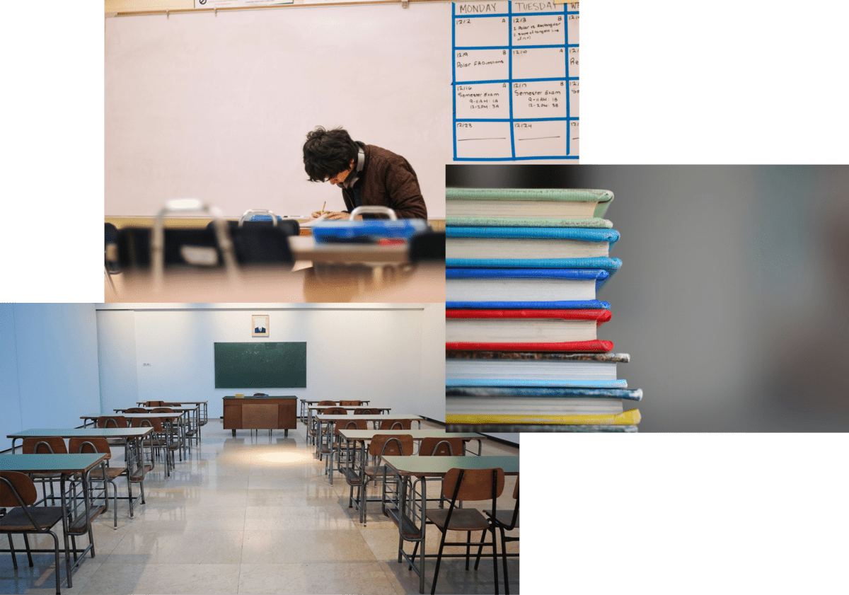 Student writing in the classroom, Pile of Textbooks, An empty classroom